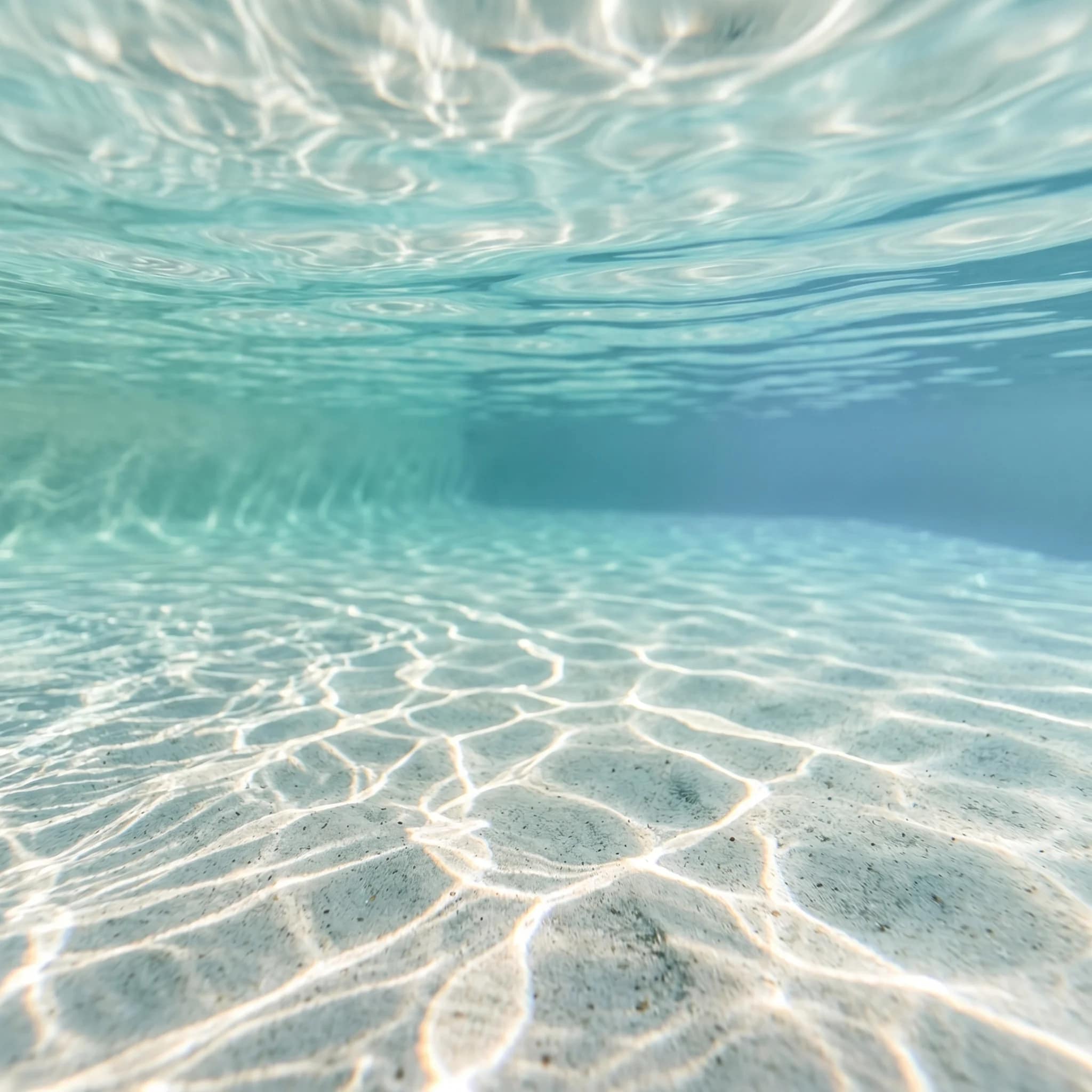 Patterns of sunlight moving through clear pool water